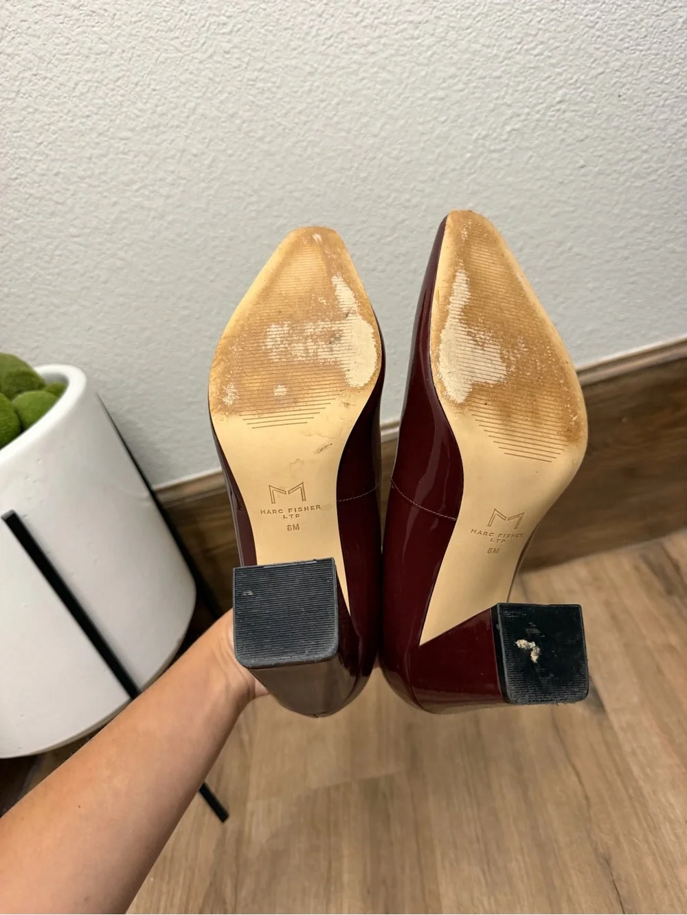 Marc Fisher Burgundy Patent Block Heel Pumps